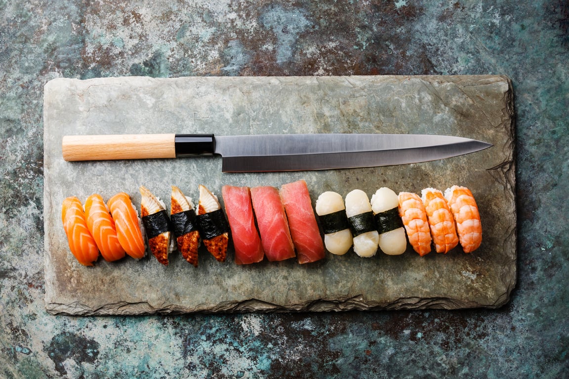 Nigiri Sushi and Japanese knife